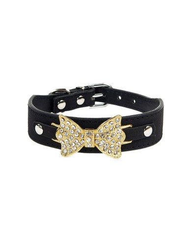 Collier luxe pour chien noir avec noeud papillon or 